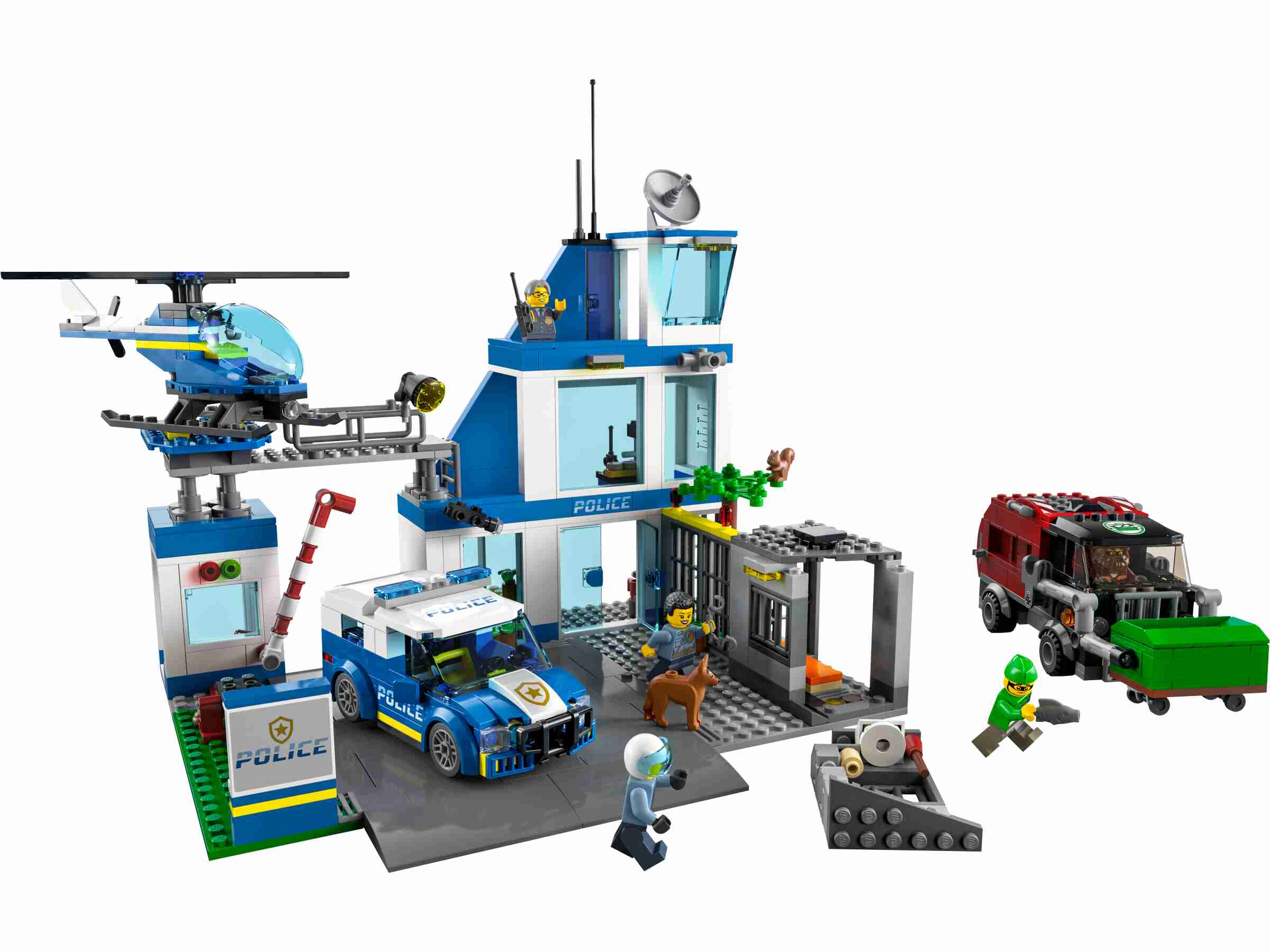 LEGO 60316 City - Polizeistation, 5 Minifiguren, Hubschrauber, Müllauto