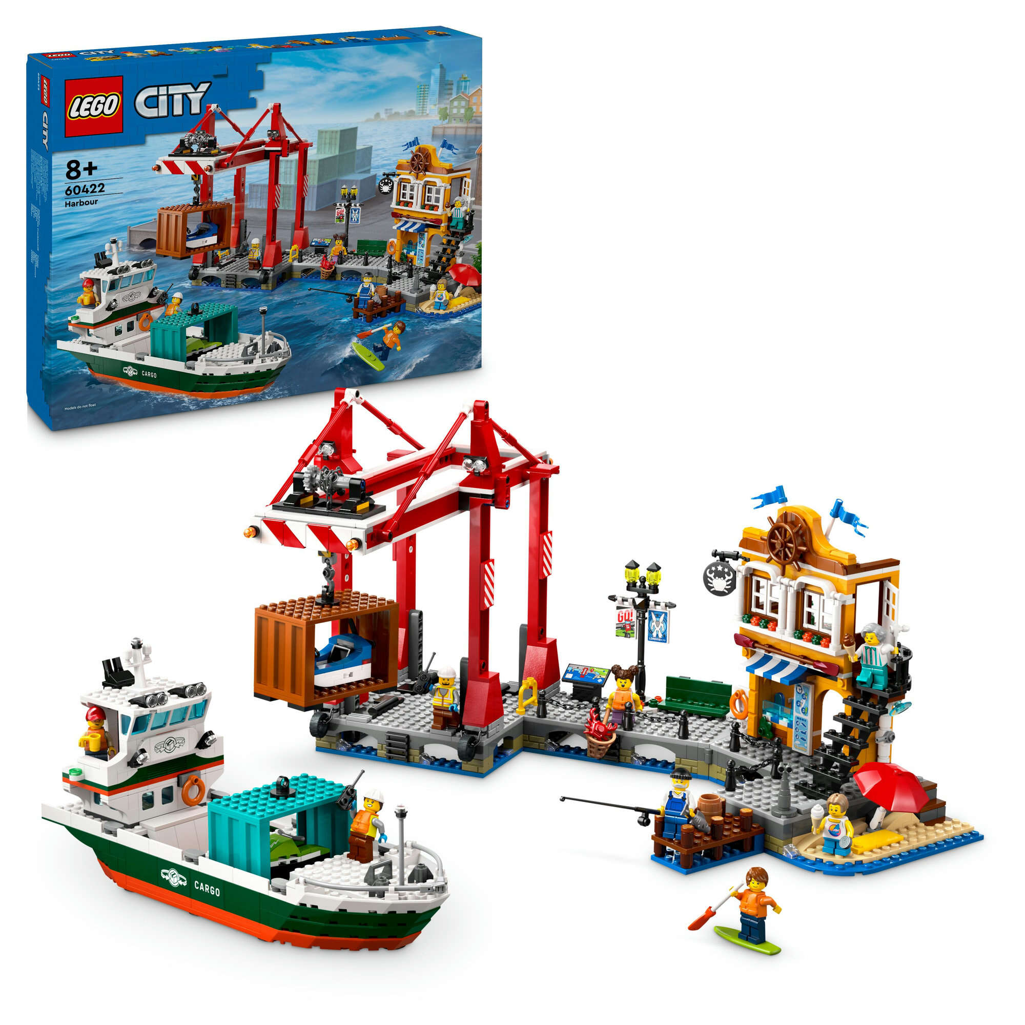 LEGO 60422 City Hafen mit Frachtschiff, 8 Minifiguren mit Zubehör, Paddelboot, 