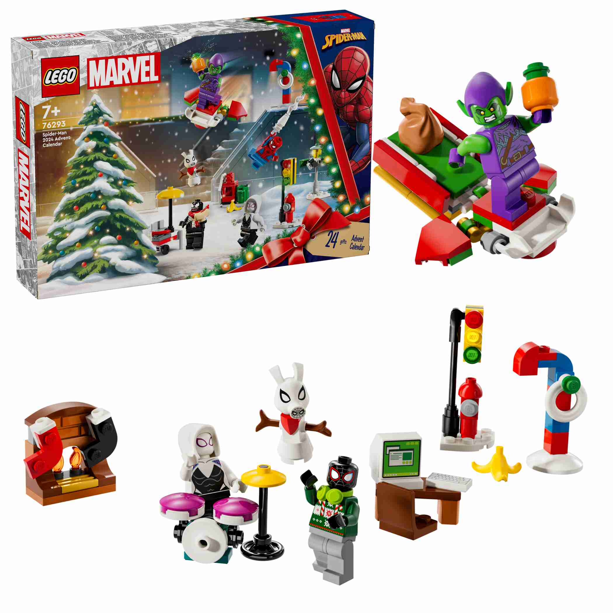 LEGO 76293 Marvel Spider-Man Adventskalender 2024, 5 Minifiguren, 2 kleine Autos