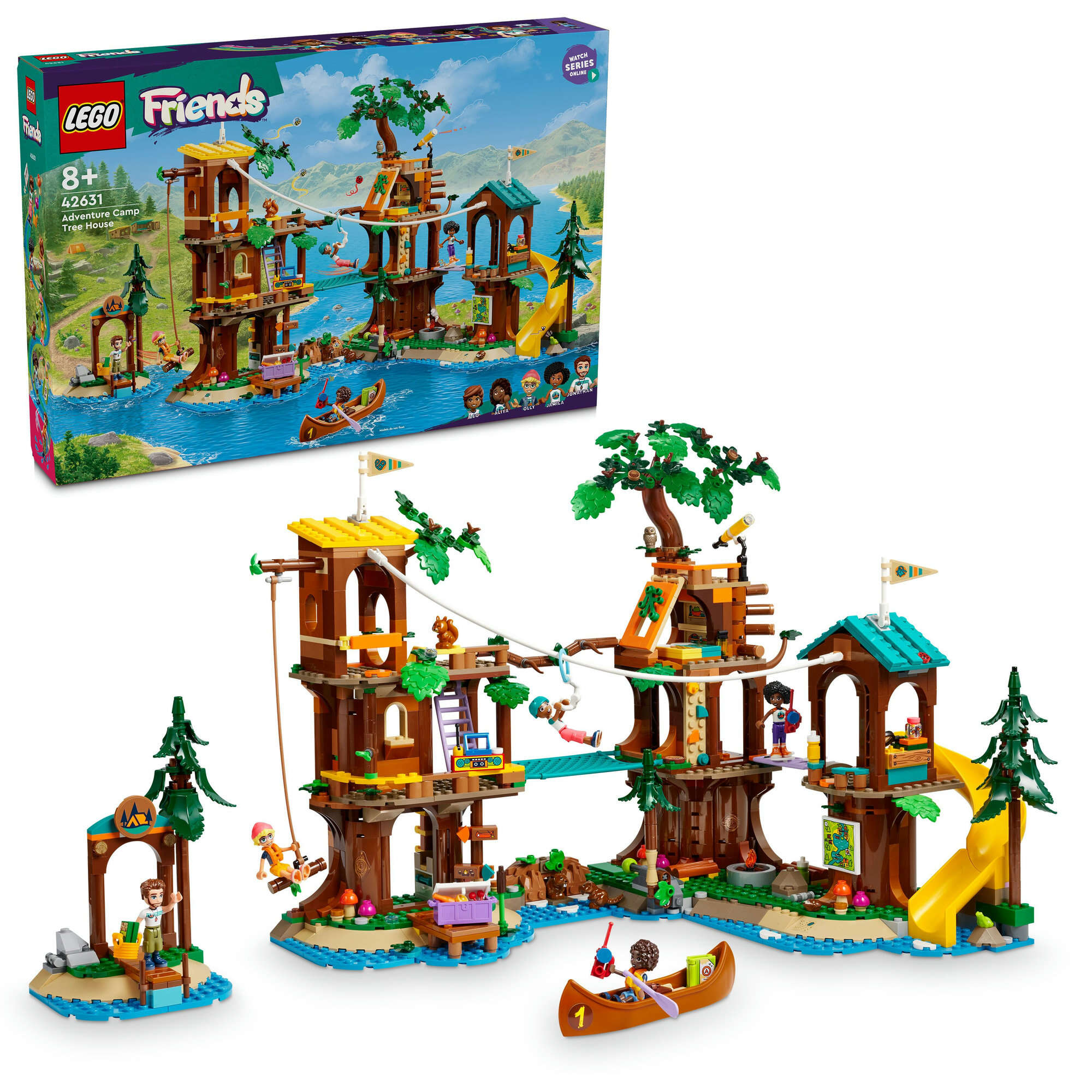 LEGO 42631 Friends Baumhaus im Abenteuercamp, 5 Spielfiguren, Zubehör und Tiere