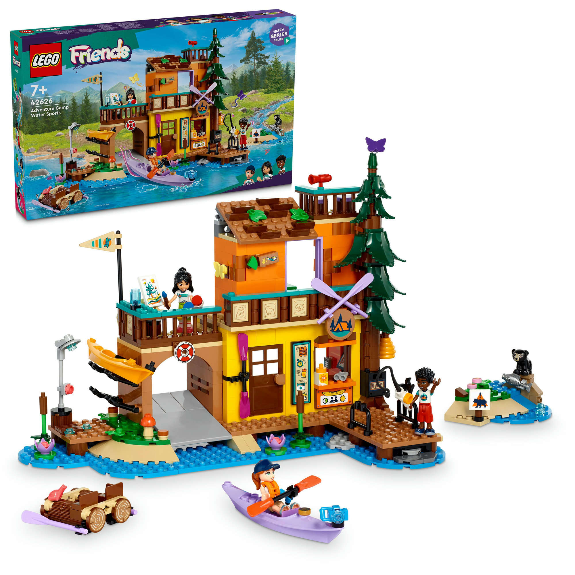 LEGO 42626 Friends Abenteuercamp mit Kayak, 3 Spielfiguren, Bär, viel Zubehör