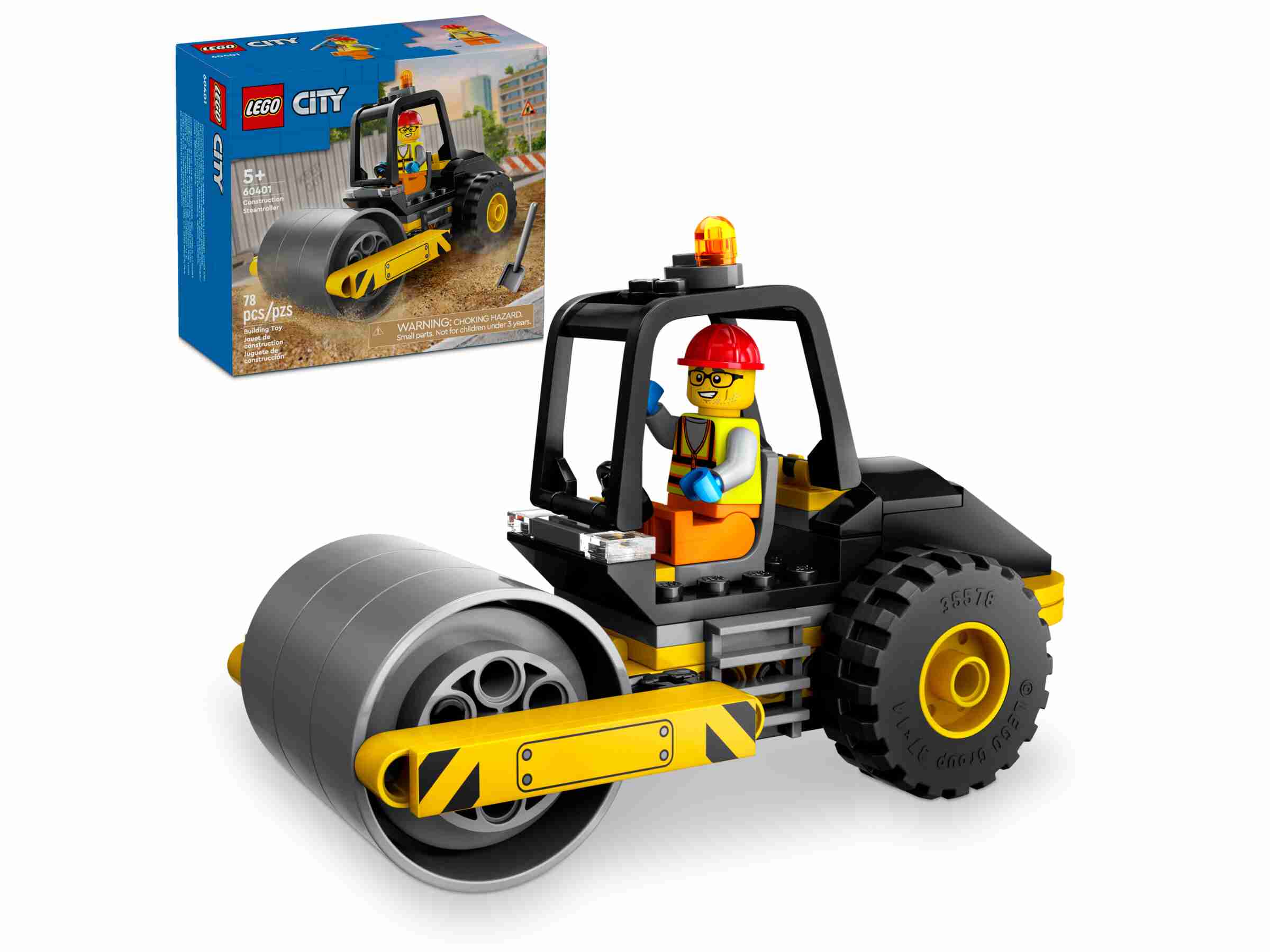 LEGO 60401 City Straßenwalze, grobstollige Reifen, Bauarbeiter-Minifigur