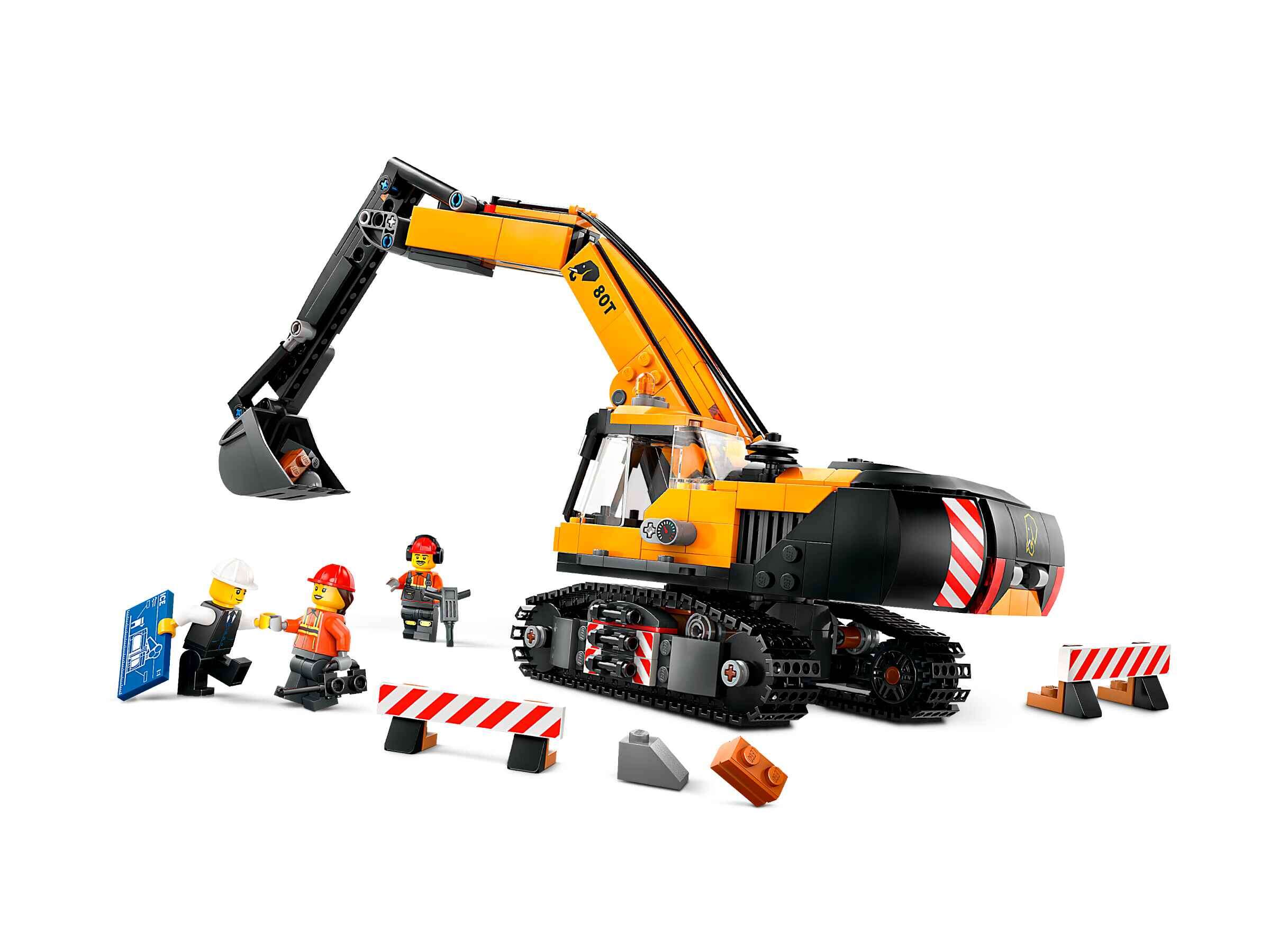 LEGO 60420 City Raupenbagger, 2 Absperrungen, 3 Bauarbeiter-Minifiguren