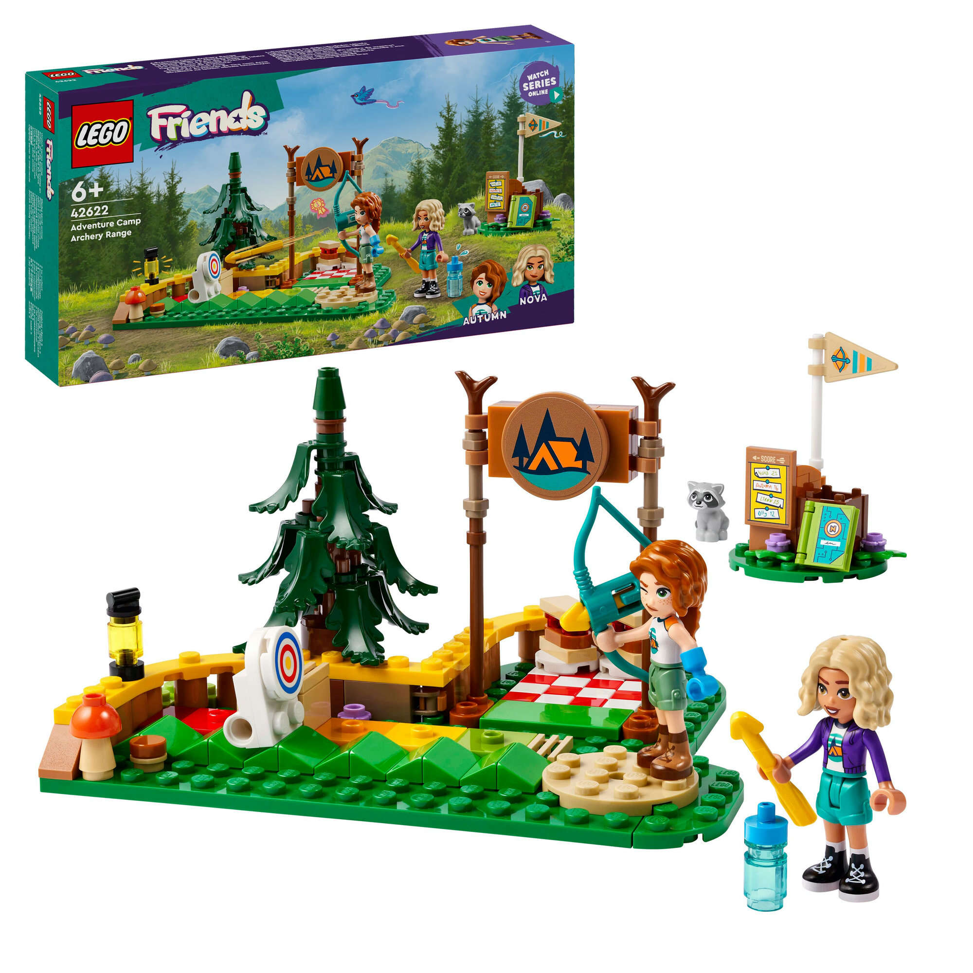 LEGO 42622 Friends Bogenschießen im Abenteuercamp, 2 Spielfiguren, Waschbär