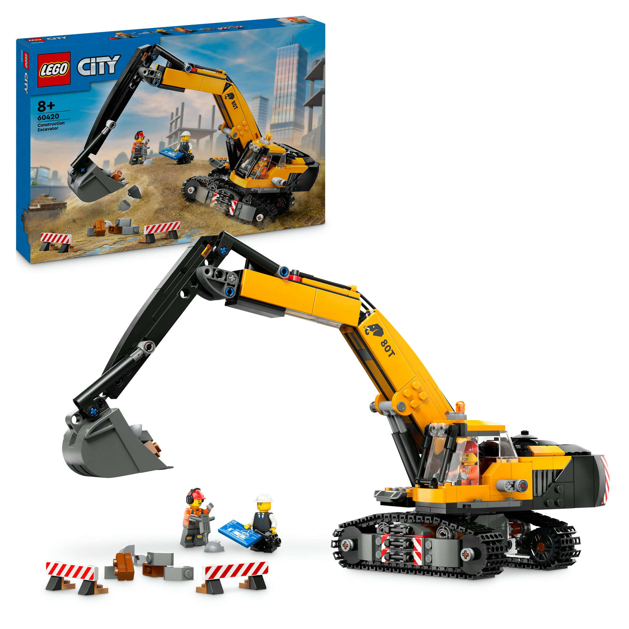 LEGO 60420 City Raupenbagger, 2 Absperrungen, 3 Bauarbeiter-Minifiguren