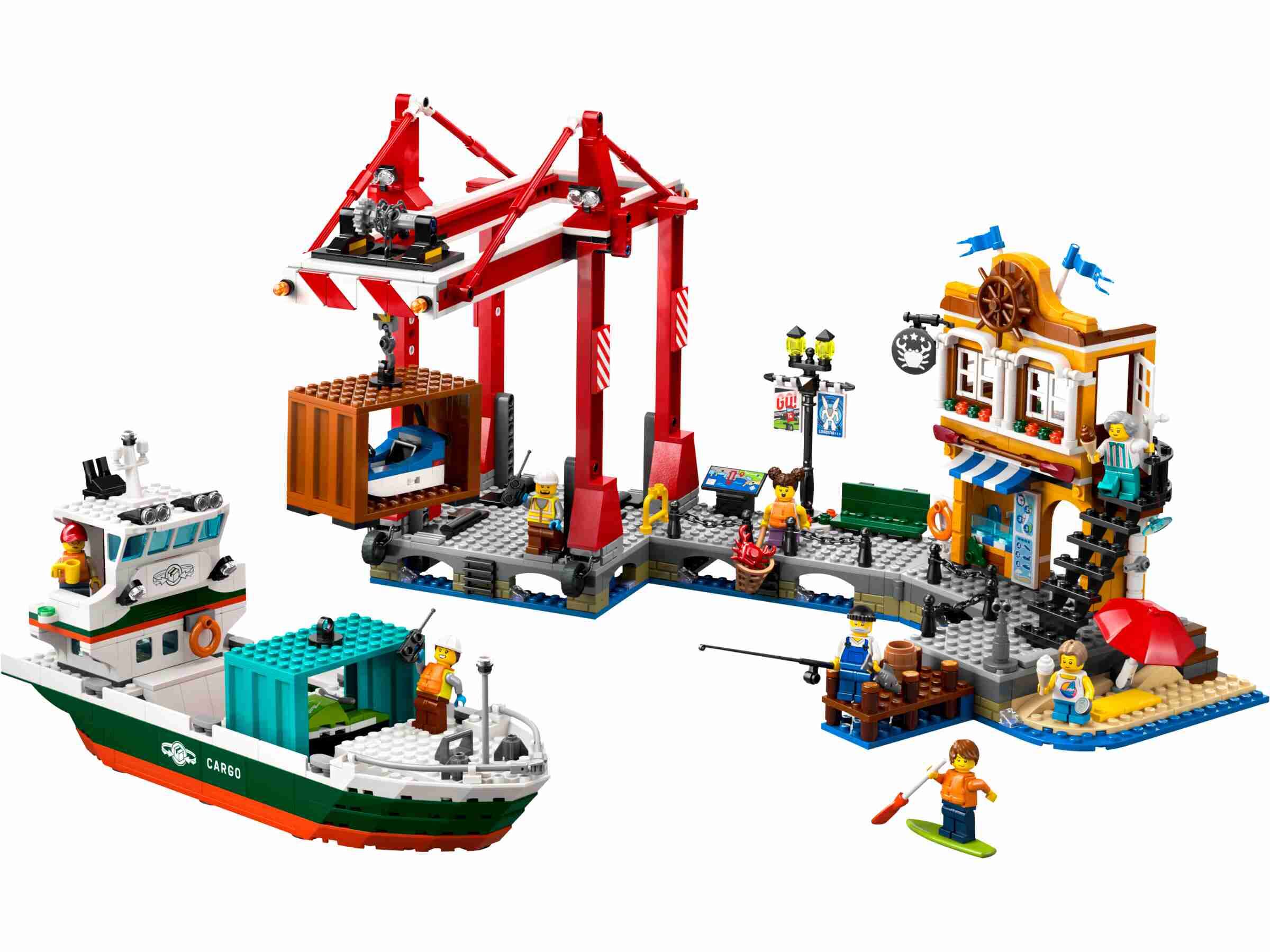 LEGO 60422 City Hafen mit Frachtschiff, 8 Minifiguren mit Zubehör, Paddelboot, 