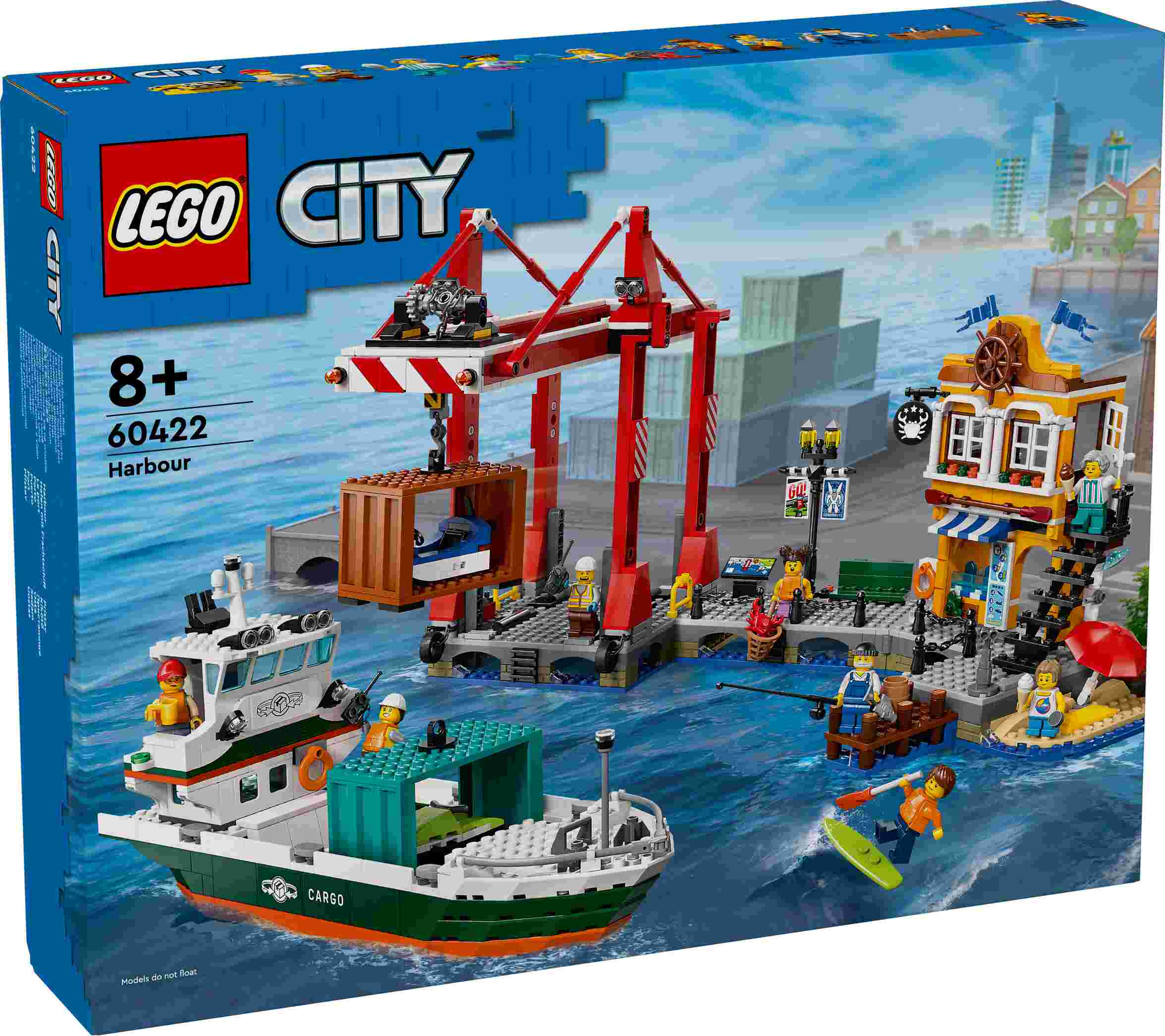 LEGO 60422 City Hafen mit Frachtschiff, 8 Minifiguren mit Zubehör, Paddelboot, 