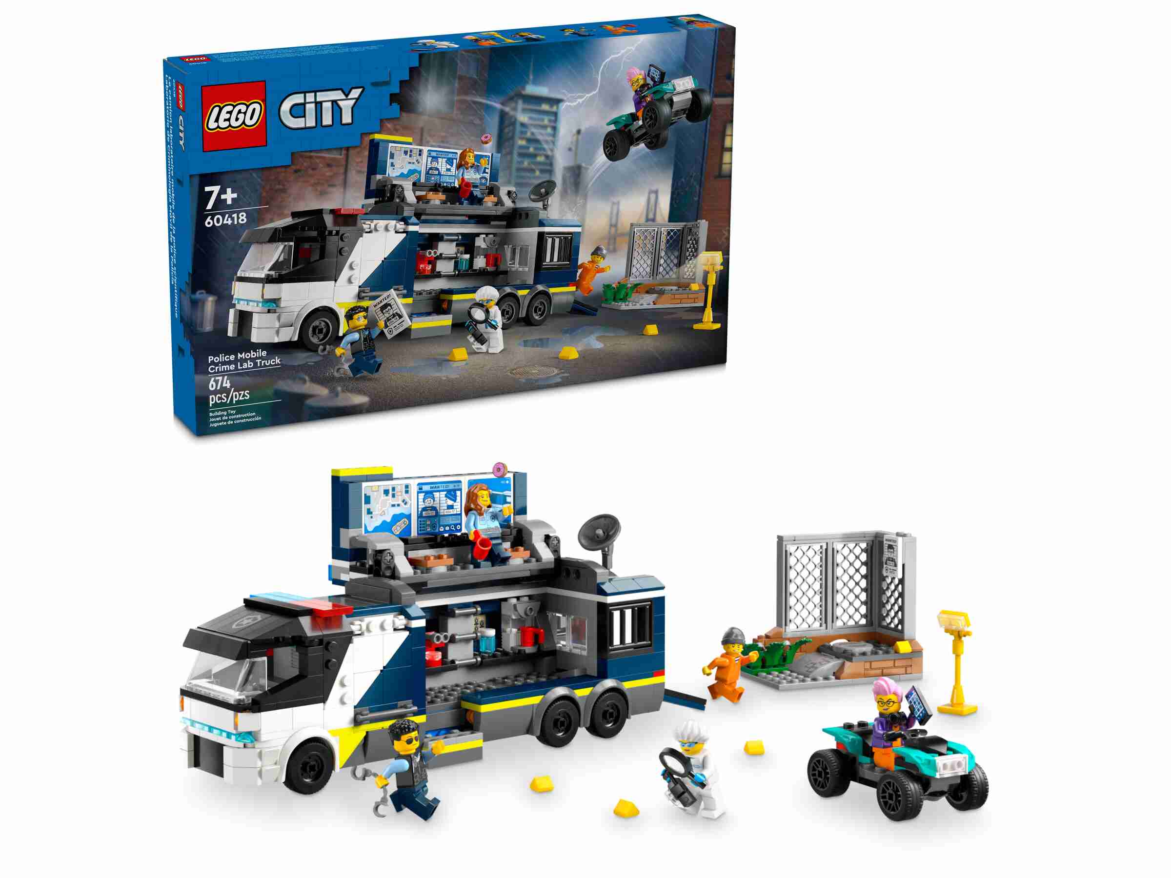 LEGO 60418 City Polizeitruck mit Labor, 5 Minifiguren, Quad, Tatortkulisse