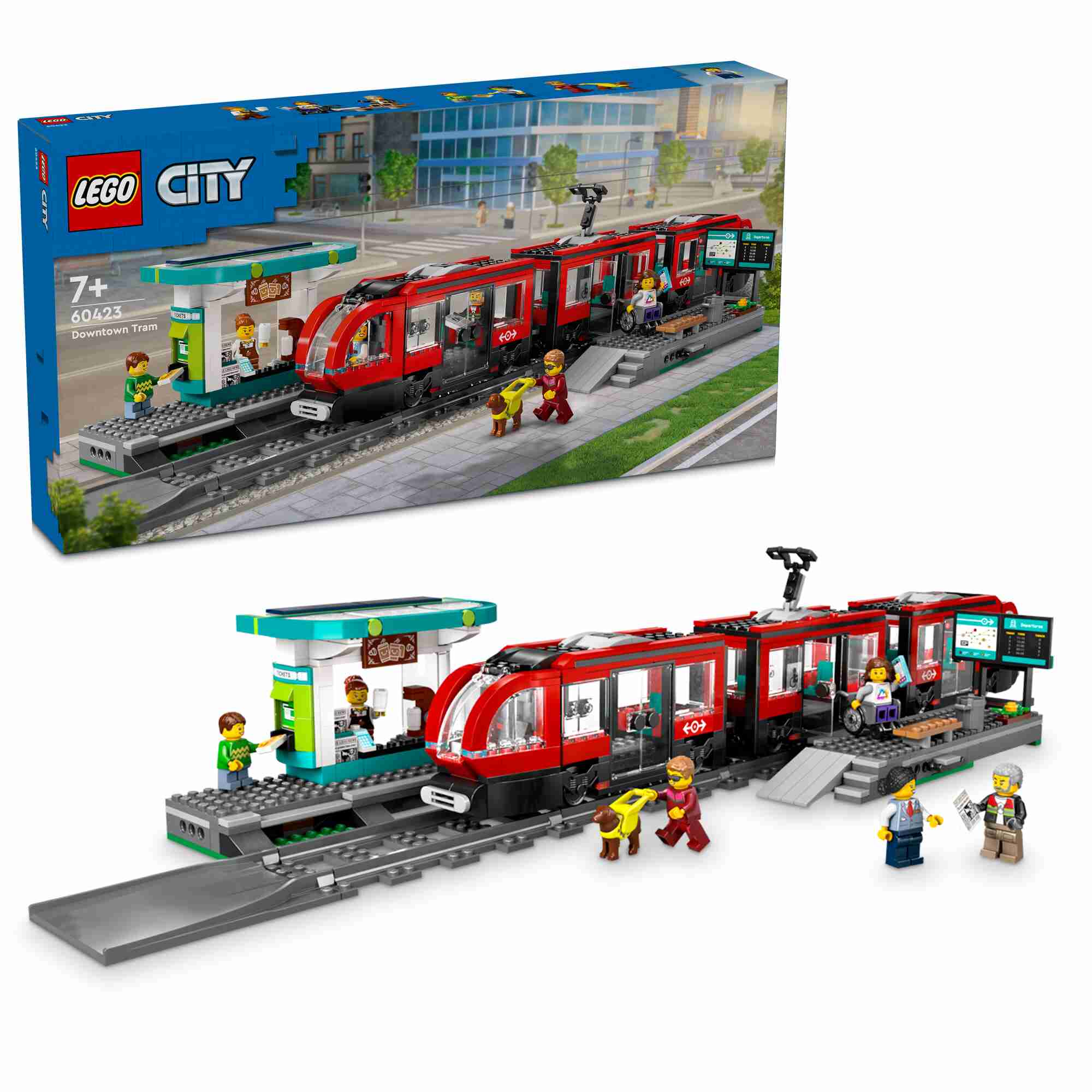 LEGO 60423 City Straßenbahn mit Haltestelle, 6 Minifiguren, Coffee-Shop