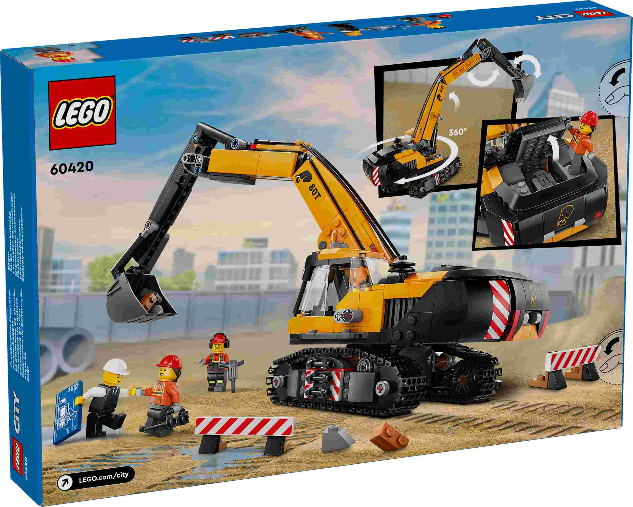 LEGO 60420 City Raupenbagger, 2 Absperrungen, 3 Bauarbeiter-Minifiguren