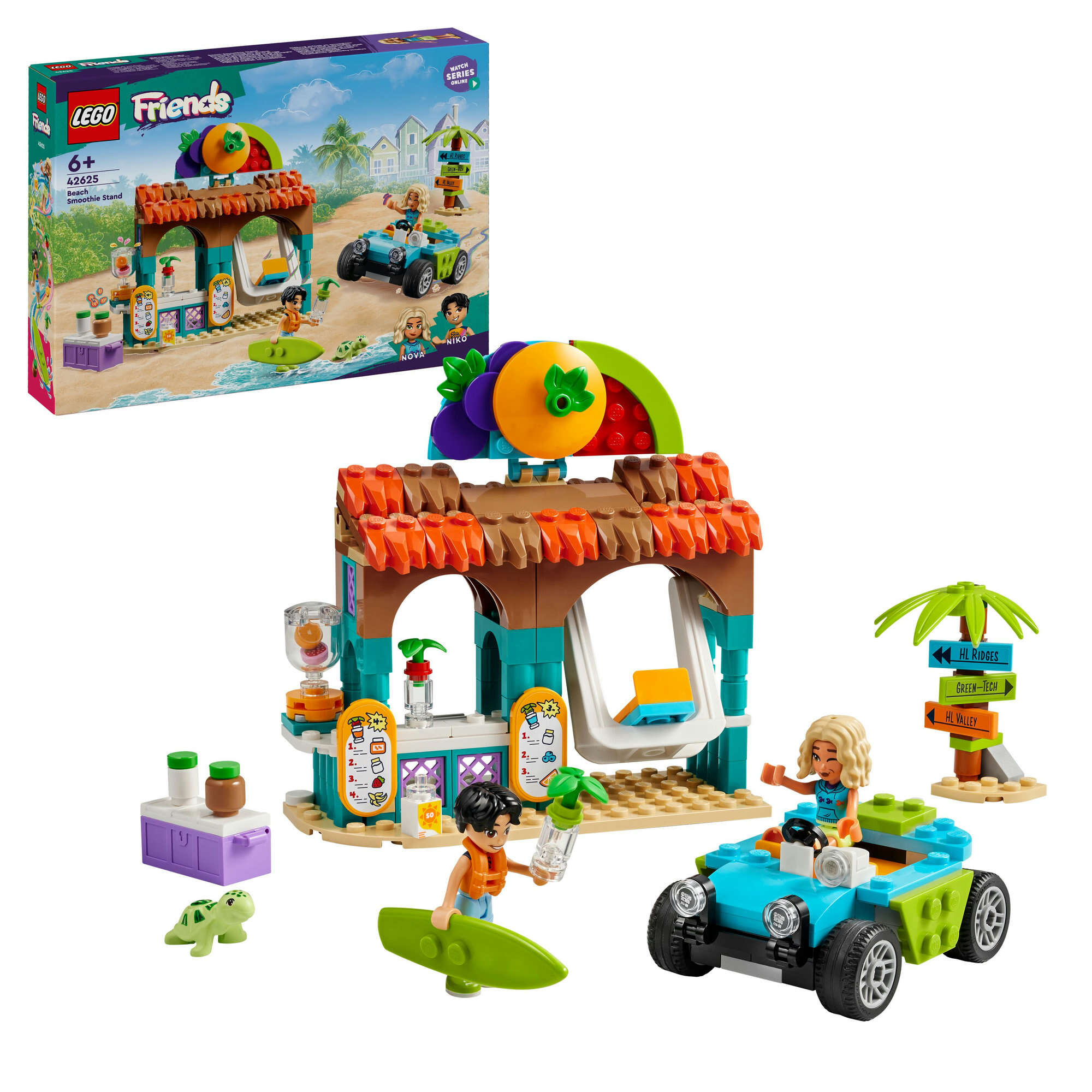 LEGO 42625 Friends Smoothie-Stand am Strand, 2 Spielfiguren, Schildkröte