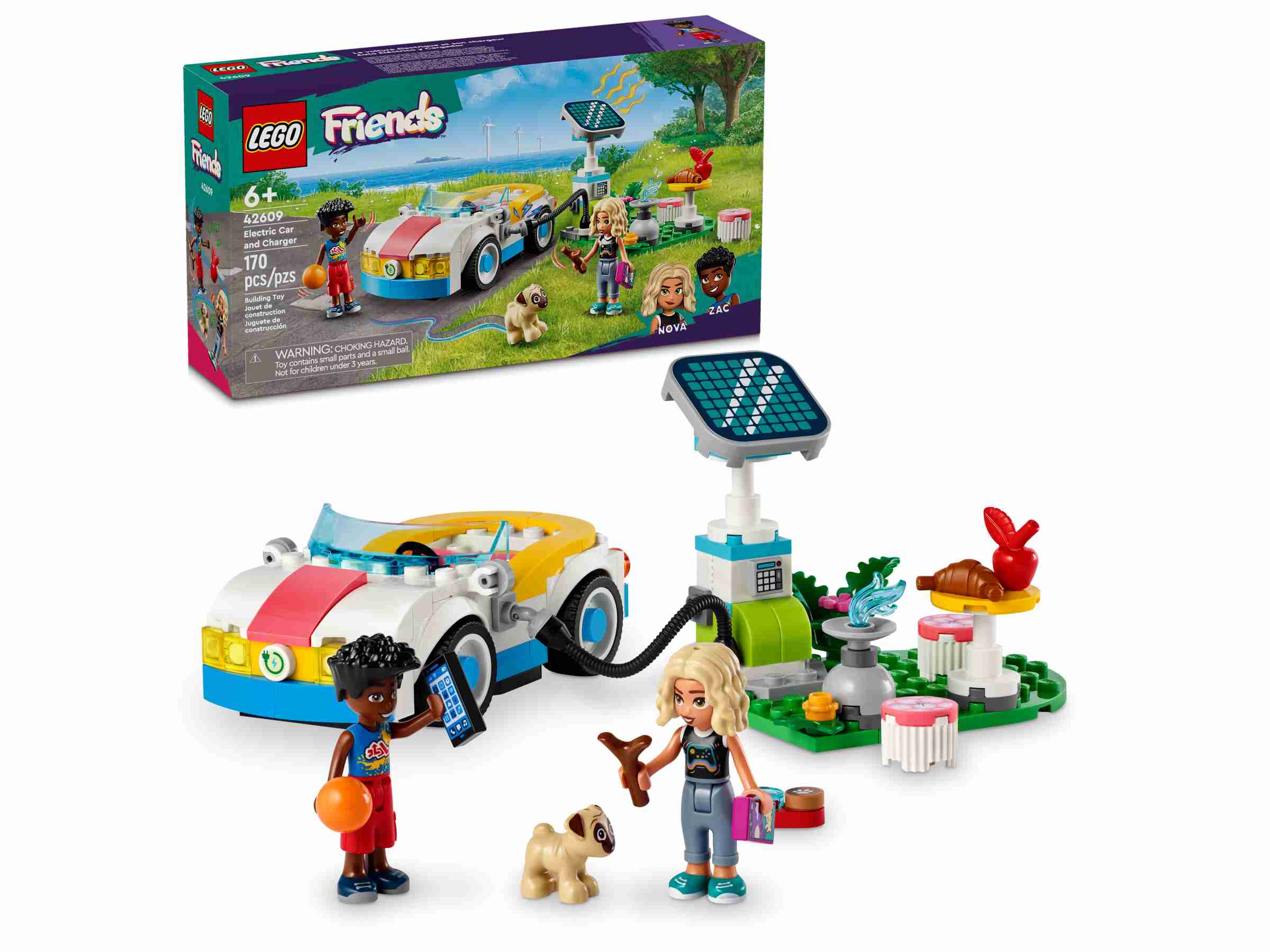 LEGO 42609 Friends E-Auto mit Ladestation, 2 Spielfiguren, Hund Dango, Picknick