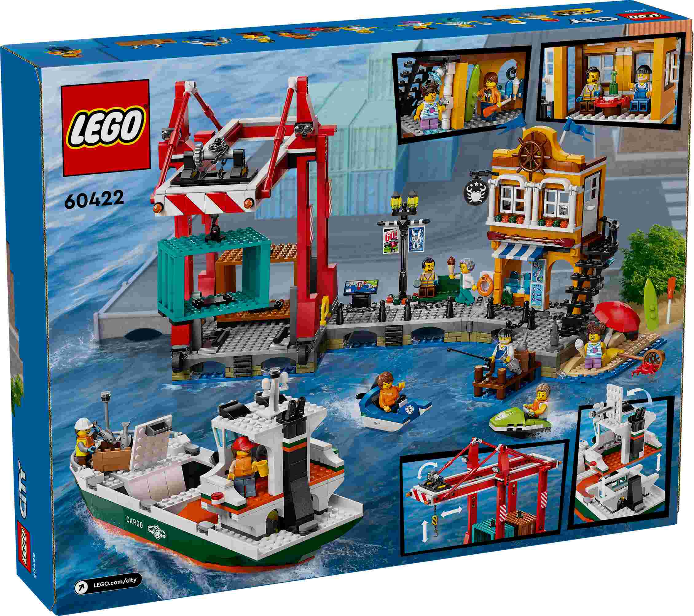 LEGO 60422 City Hafen mit Frachtschiff, 8 Minifiguren mit Zubehör, Paddelboot, 