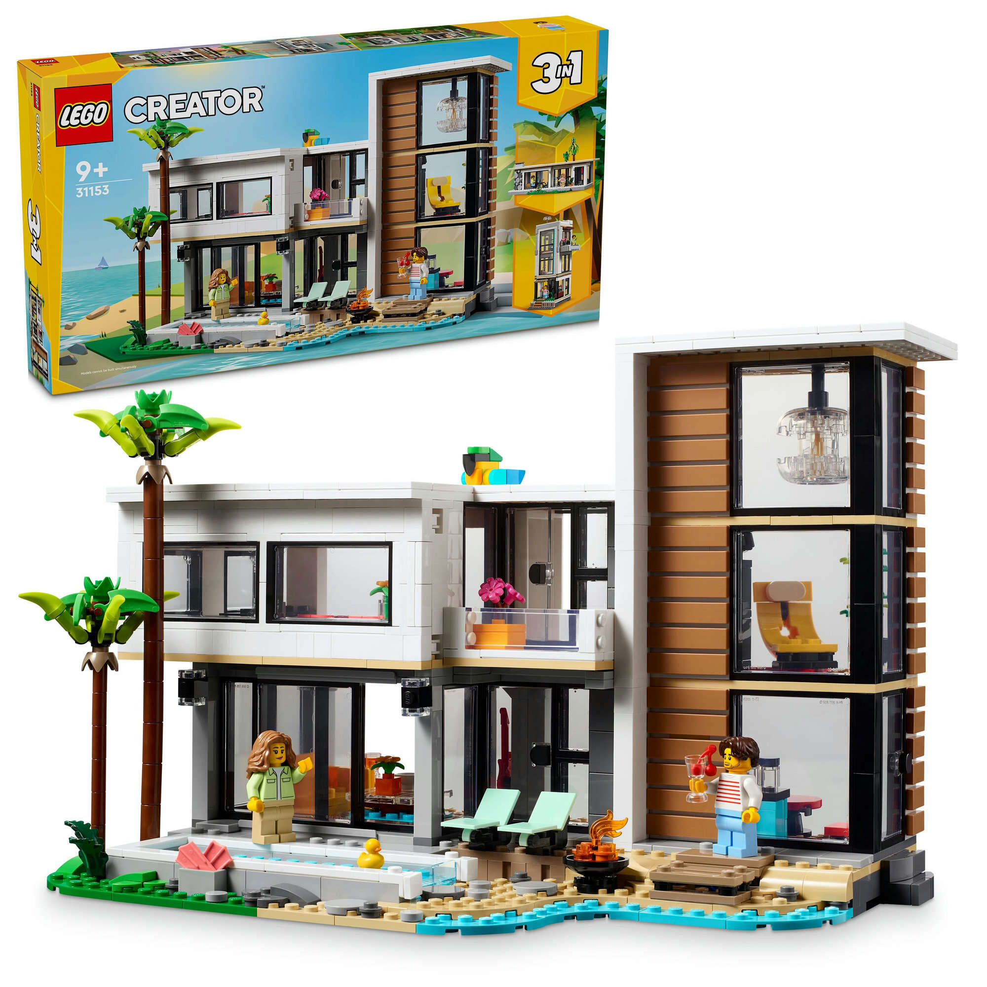 LEGO 31153 Creator 3-in-1 Modernes Haus, Stadthaus oder Waldhütte, 2 Minifiguren