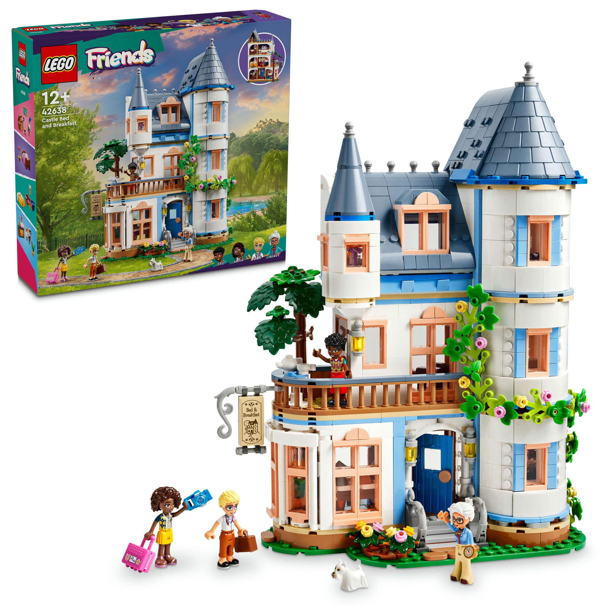 LEGO 42638 Friends Burg mit Ferienunterkunft, 4 Spielfiguren, 3 Etagen