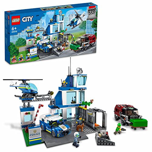 LEGO 60316 City - Polizeistation, 5 Minifiguren, Hubschrauber, Müllauto