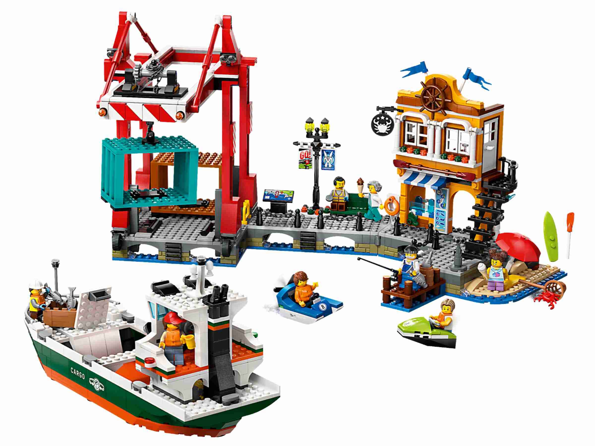 LEGO 60422 City Hafen mit Frachtschiff, 8 Minifiguren mit Zubehör, Paddelboot, 