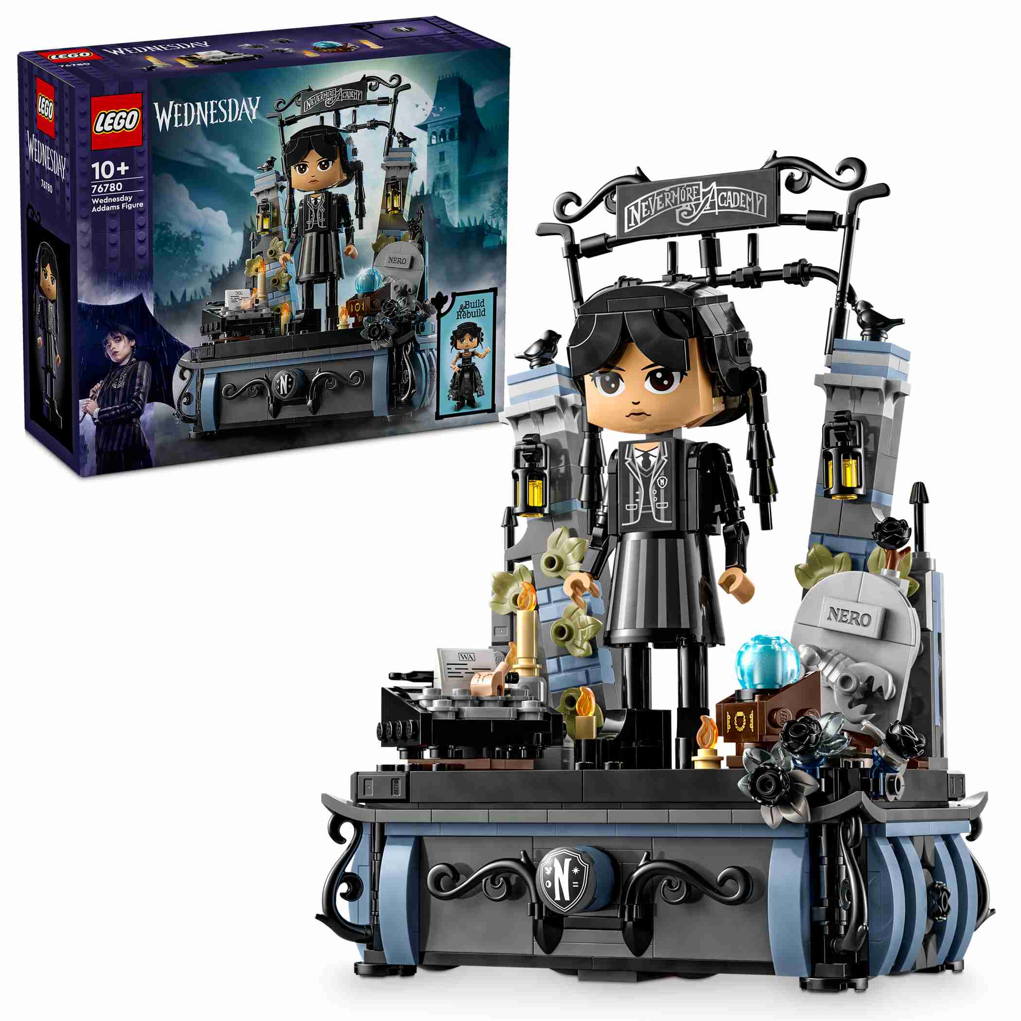 LEGO 76780 Wednesday Addams Baufigur, zwei Geheimfächer, 2 Outfits