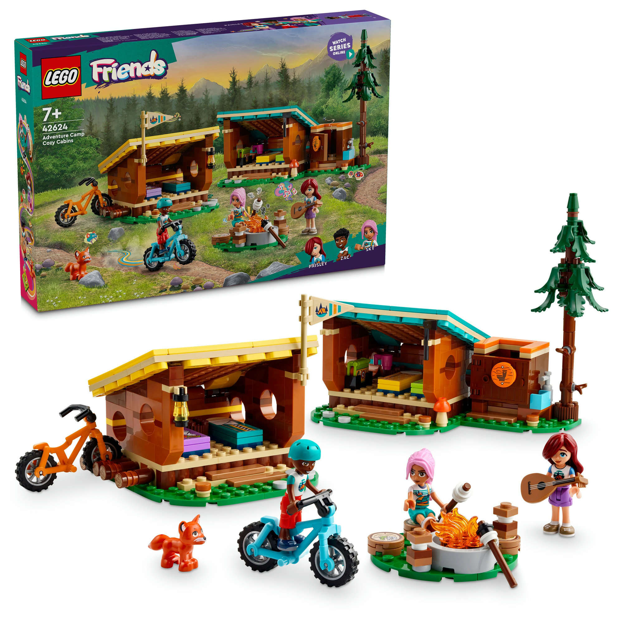 LEGO 42624 Friends Gemütliche Hütten im Abenteuercamp, 3 Spielfiguren, Fuchs