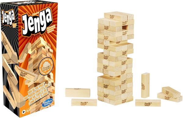 Hasbro Jenga Klassisch, das Originale Partyspiel mit Holzklötzen, Stapelspiel