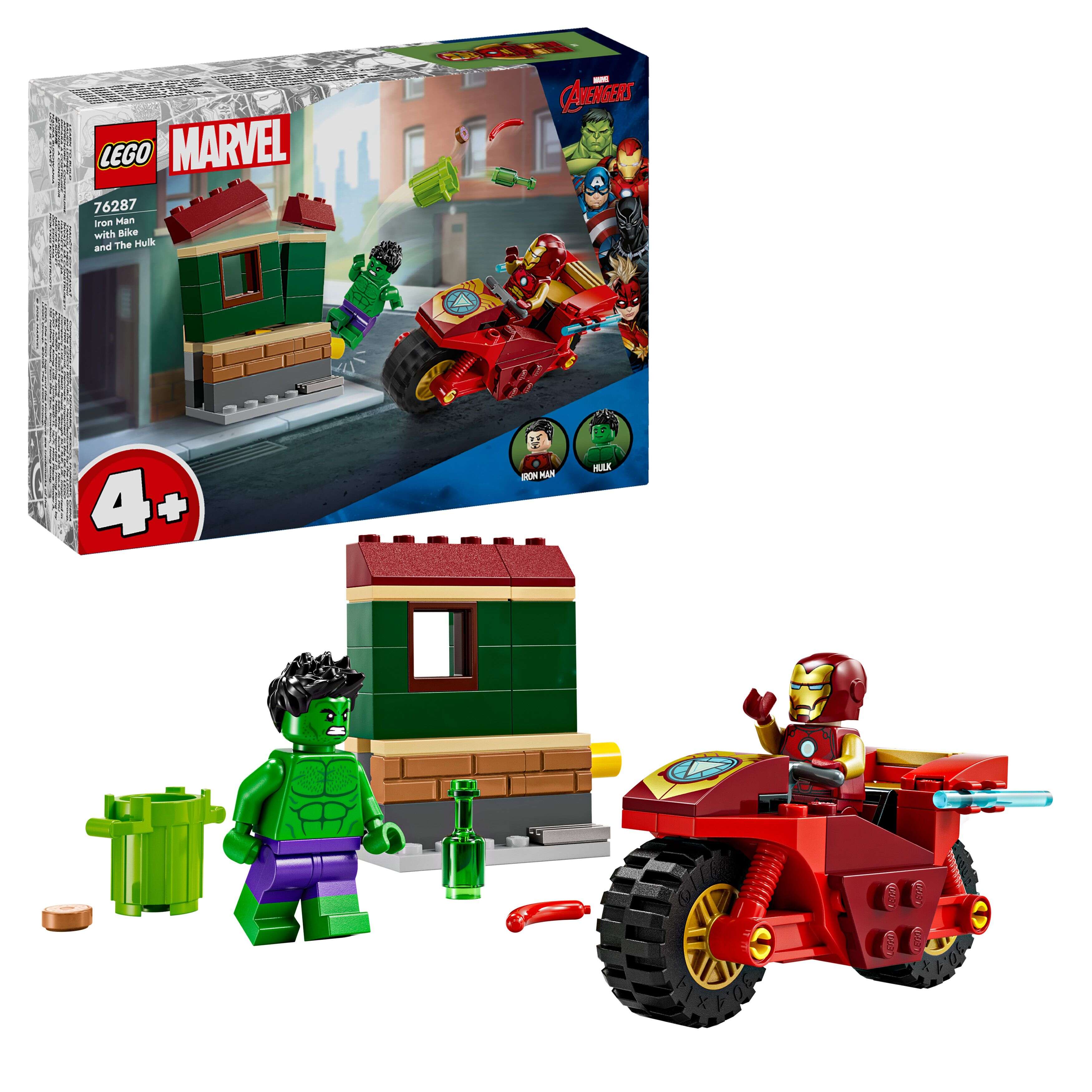 LEGO 76287 Marvel Iron Man mit Bike und der Hulk, 2 Minifiguren, Motorrad, Haus