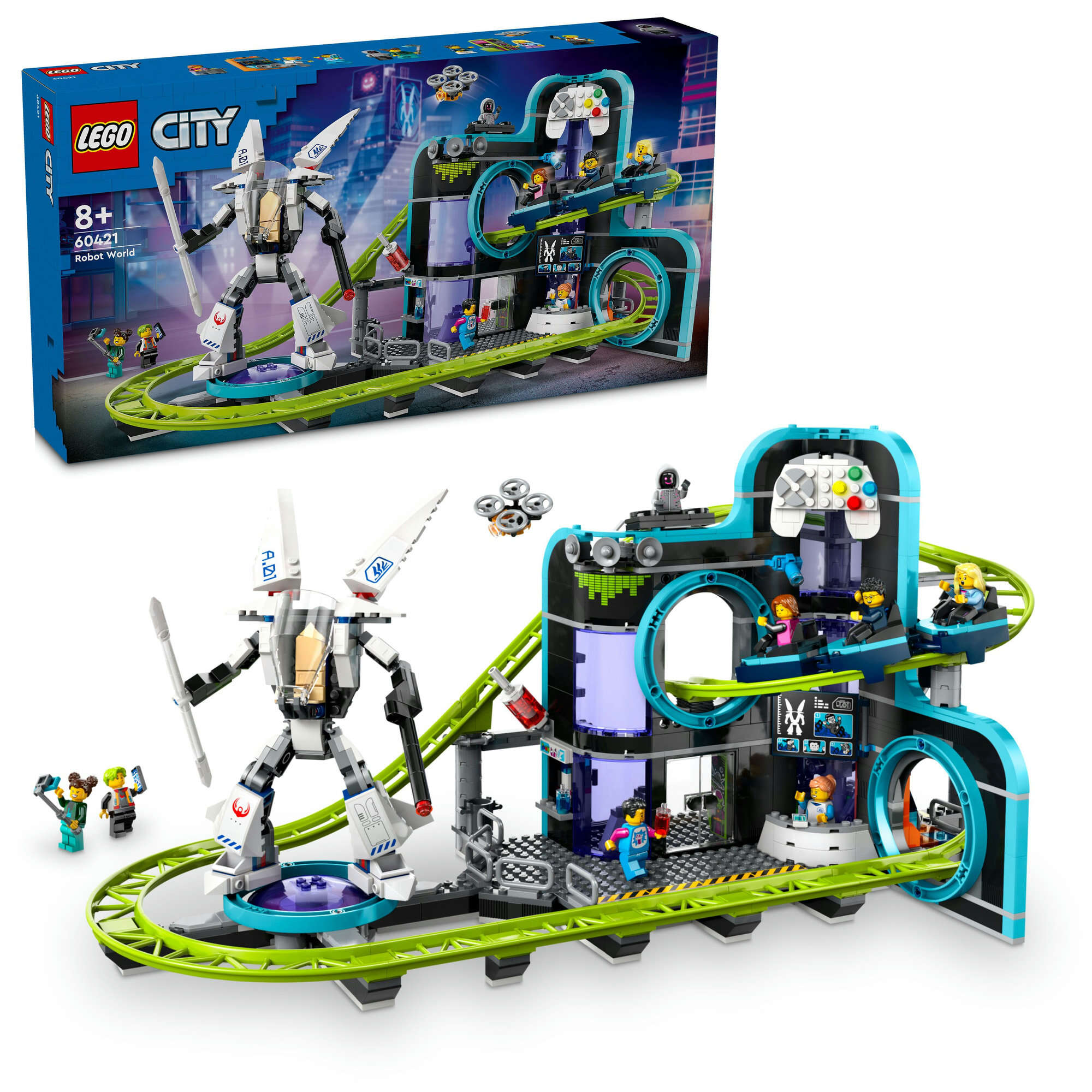 LEGO 60421 City Achterbahn mit Roboter-Mech, 8 Minifiguren, viel Zubehör