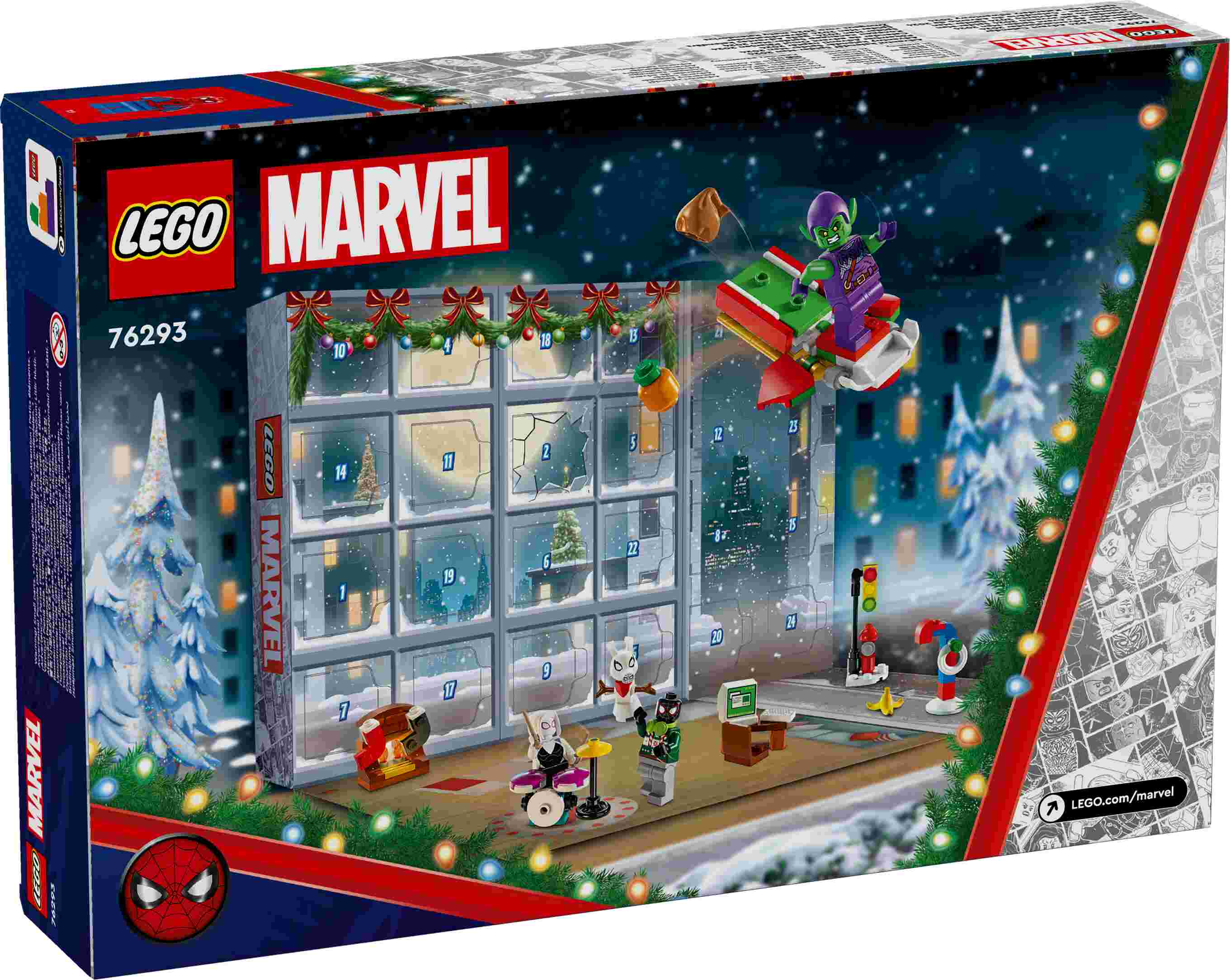 LEGO 76293 Marvel Spider-Man Adventskalender 2024, 5 Minifiguren, 2 kleine Autos